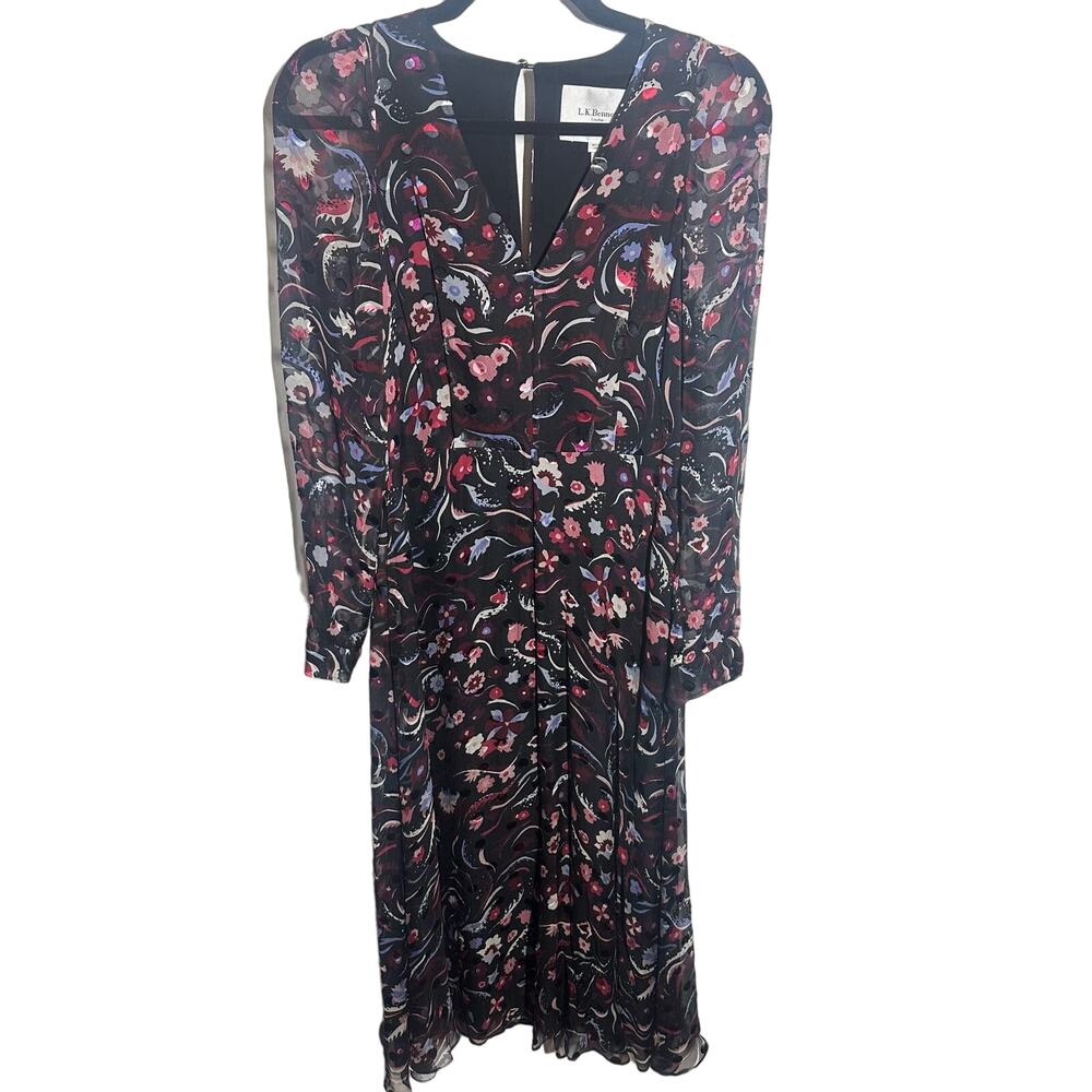 LK Bennett Women's Dr Ally Black Floral Silk Long Sleeve Dress Size 4 - Picture 3 of 12
